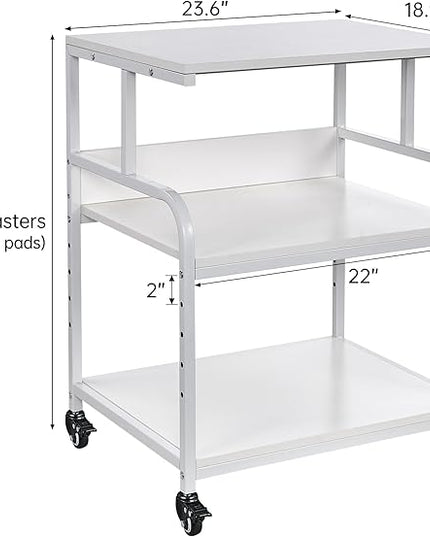White Printer Stand, 23.6 x18.9 x 30 Inches Big Size Printer Table with Adjustable Shelf, 3 Tier Rolling Printer Cart with Wheels for Home Office Storage and Organization