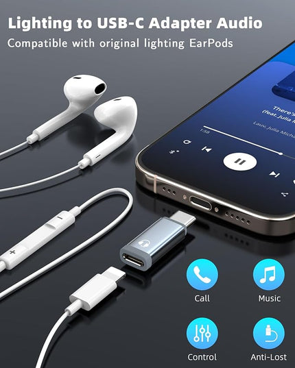 MoKo Lightning to USB C Adapter Audio Only for Apple Earpods with Line Control, Not for Charging/Data Transfer, Lightning to USB C Adapter for iPhone Air 17 16 15 Pro Max Plus, iPad Pro/Air, Gray