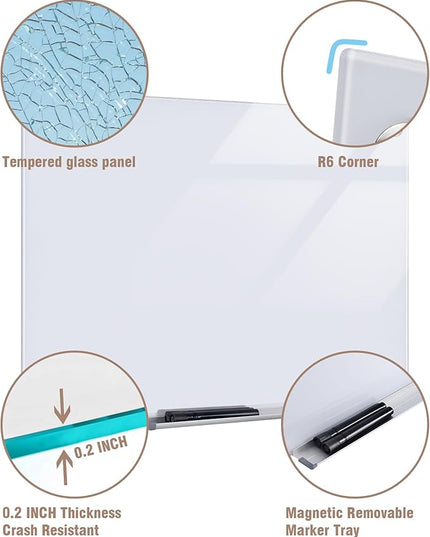Mifuro Magnetic Glass Whiteboard，24"x18" Wall Mounted Frameless Dry Erase Board for Office, Home & School Ultra White