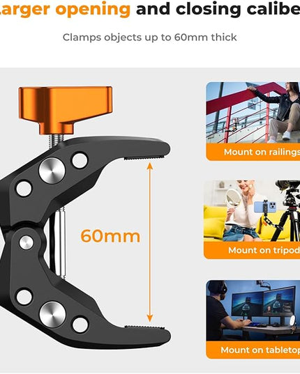 K&F CONCEPT Camera Mount Clamp, Super Crab Clamp with 1/4" Thread Holes, 60mm Max Opening for Round Pipe Flat Surface, Monitors, LED Lights, and Other Photographic Accessories