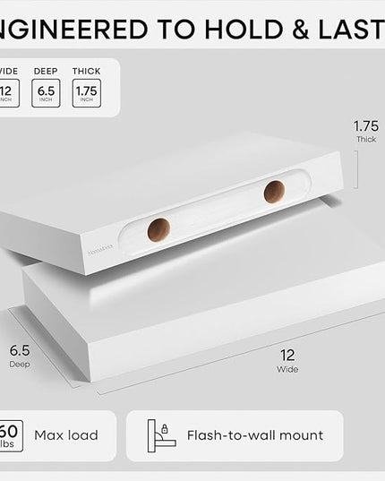 Homeforia White Floating Shelf 12 inch, High End Solid Real Wood Small 12inch Floating Shelves for Wall Mounted, White Wooden 12 in Floating Shelves, Heavy Duty Bracket, 12 X 6.5 X 1.75 inch, Set of 2