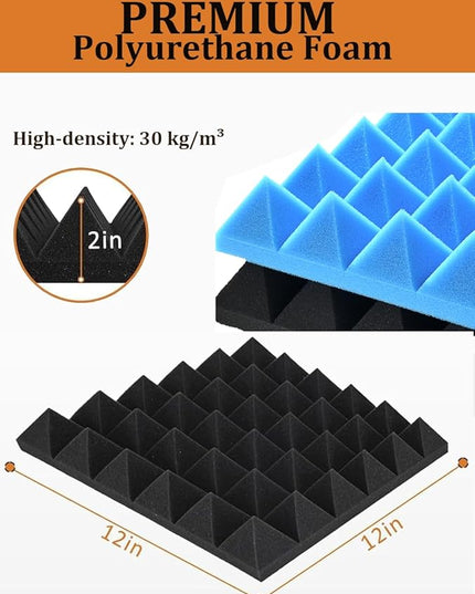 Sound Proof Foam Panels for Wall 24 Pack Acoustic Panels Sound Absorbing 2" X 12" X 12" Fire-Proofed Soundproofing Foam High Density Sound Dampening Panels for Room Studio Pyramid Blue Black
