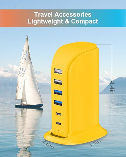 45W USB Charging Station, 6-Port Hub with 4 USB-A & 2 USB-C Ports, 5ft Cable, Yellow