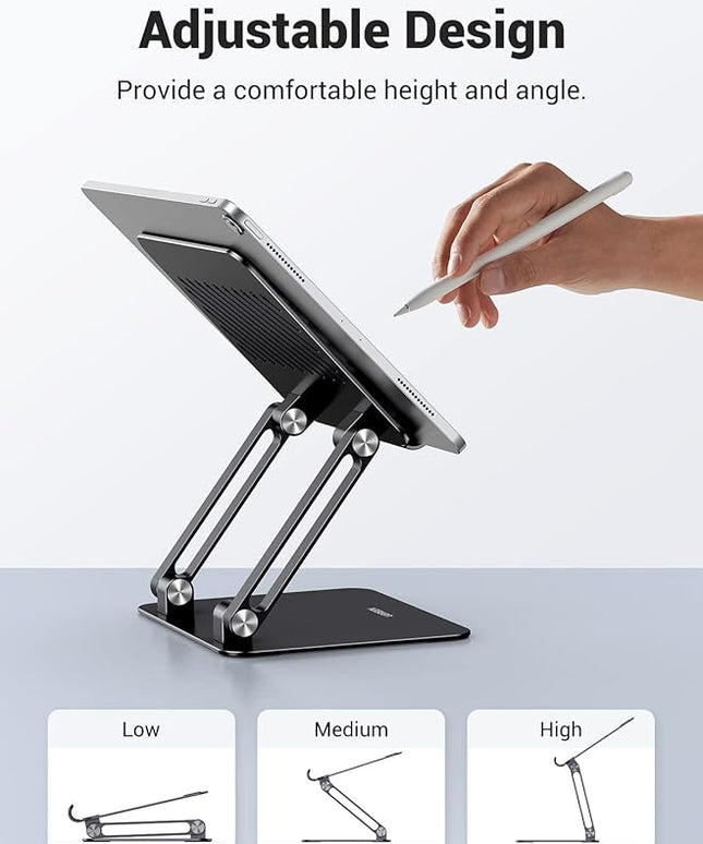 UGREEN Tablet Stand Holder for Desk Dual Rod Support Aluminum Tablet Holder Adjustable Multi-Angle Home Office Accessories Compatible with iPad Pro 13 12 11 10.5 Air Mini 5 4 3 2 Phone E-Reader Black