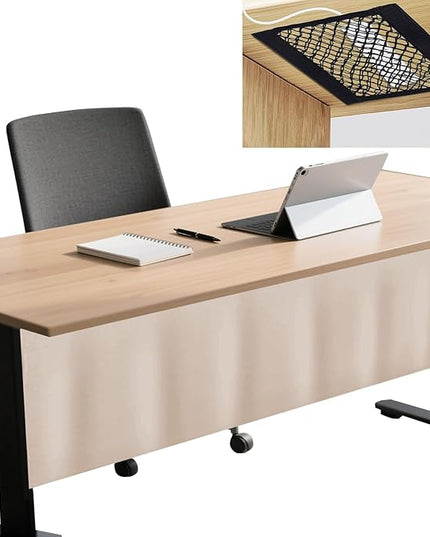 Icegrey 28" Under Desk Privacy Panel with Cable Management Organizer Net Self-Adhesive Modesty Panel for Cord Organizer Pockets and Desk Skirt for Home Office or Standing Workstation, Beige 2