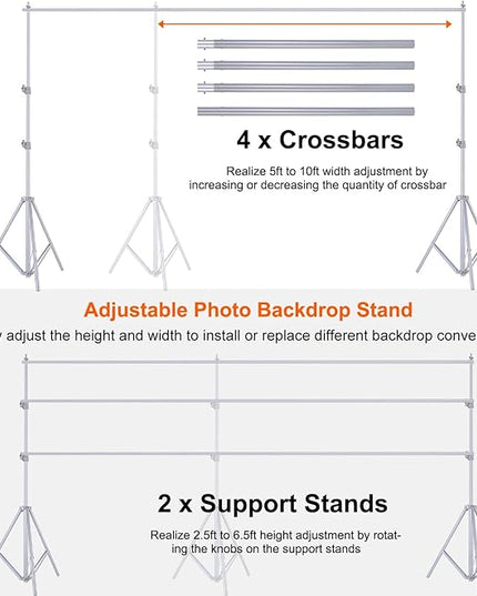 6.5 x 10ft Adjustable Backdrop Stand Kit,Heavy-Duty Photography Background Support System with Clamps & Carry Bag,Photo Video Studio Backdrop Stand for Parties,Weddings,Green Screen & Banner Display