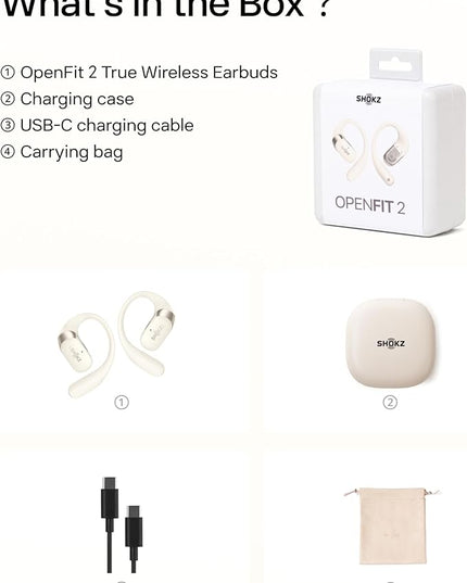 SHOKZ OpenFit 2 Open-Ear Headphones,True Wireless Bluetooth Earphones with Microphone,Earhook Earbuds with 48 Hours of Playtime,Fast Charging,IP55 Water-Resistant,with Carrying Bag,Beige,Bluetooth5.4