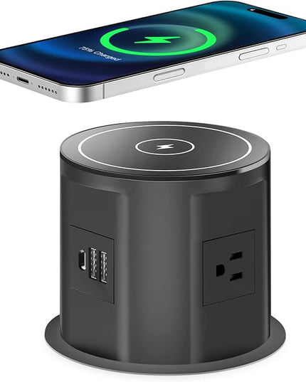 Pop Up Outlet for Countertop with 15w Wireless Charger, 4.7-Inch Pop Up Outlet with 4 Outlets and 2 USB-A, 1 USB-C, Pop Up Power Outlet for Kitchen Countertop, Conference Room, Study Room (Black)
