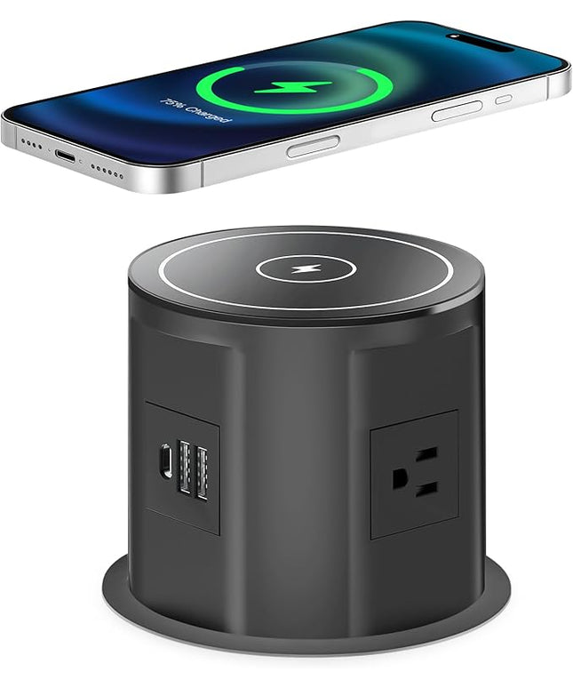 Pop Up Outlet for Countertop with 15w Wireless Charger, 4.7-Inch Pop Up Outlet with 4 Outlets and 2 USB-A, 1 USB-C, Pop Up Power Outlet for Kitchen Countertop, Conference Room, Study Room (Black)