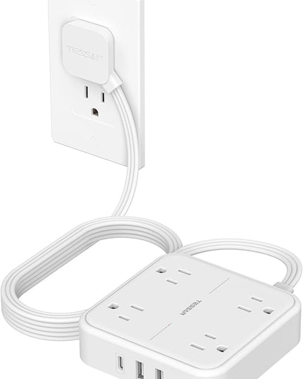 Surge Protector Flat Extension Cord 10FT, TESSAN Flat Plug Power Strip with 4 Outlets 3 USB Ports (1 USB C), 900 Joules Protection, Multiple Wall Outlet Extender Suitable for Home Office Dorm, White
