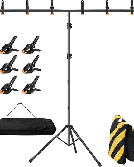 8x5ft T-Shape Backdrop Stand, Adjustable Background Support Stand Kit, Portable Photo Banner Holder with 6 Spring Clamps, Sandbag, Carry Bag for Party, Wedding, Photography and Decoration