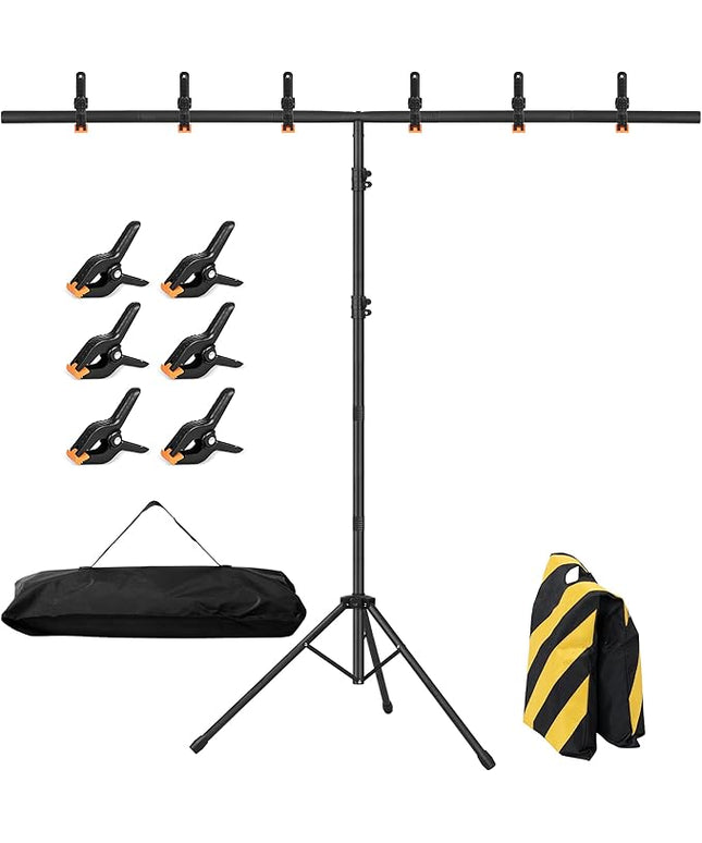 8x5ft T-Shape Backdrop Stand, Adjustable Background Support Stand Kit, Portable Photo Banner Holder with 6 Spring Clamps, Sandbag, Carry Bag for Party, Wedding, Photography and Decoration