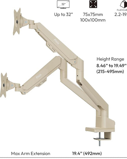 Pixio PS1D Wave Beige Dual Monitor Arm Stand Desk Mount - Fits up to 32 inches Monitors and up to 19.8lbs. VESA Compatibility and Integrated Cable Management