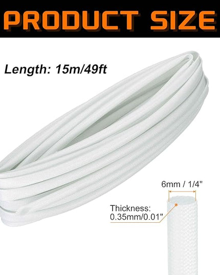 MECCANIXITY 49ft Braided Cable Sleeve, 1/4" ID 200C High Temperature 1500V Fiberglass Wire Insulation Cord Protector Organizer Wires Management for Motor Engine Fuel Line, White