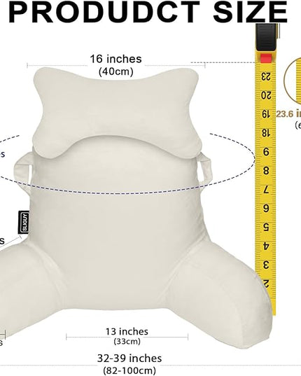 SLIGUY Reading Pillow for Sitting in Bed Couch Adult, Back Pillow with arm Support and Pockets, Adult Back Pillow Bed Chair for Bed Rest, Reading, Watching TV, Gaming for Boys and Girls Beige