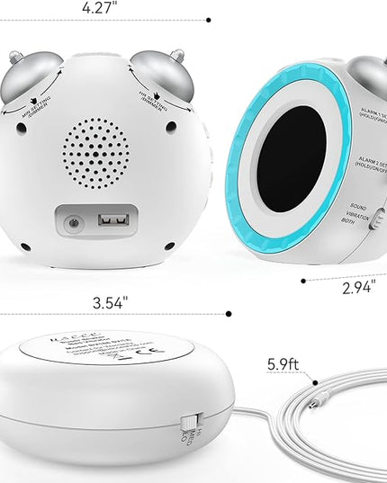 uscce Loud Dual Alarm Clock with Bed Shaker - 0-100% Dimmer, Vibrating Alarm Clock for Heavy Sleepers or Hearing Impaired, Easy to Set, USB Charging Port, Snooze, Battery Backup (White)