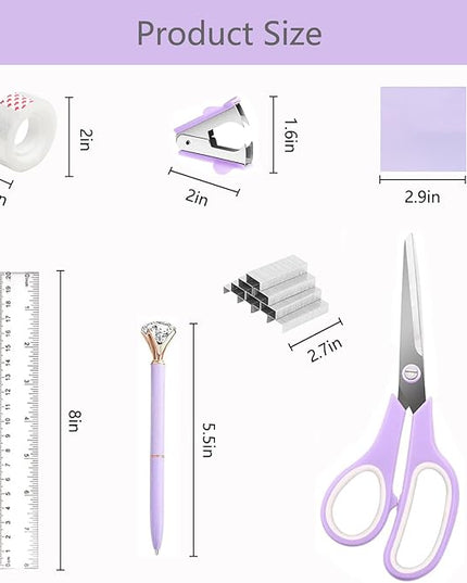 suniya Office Supplies,Desk Accessories,with Stapler,Tape Dispenser,Staple Remover,Scissor,Ballpoint Pen,Sticky Notes,Clear Tape,Staples,Desk Organizer,Ruler,Binder,Best Gift Set(Purple)