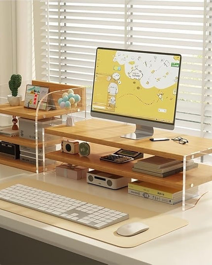 Desktop Monitor Riser Stand with Storage, Acrylic Floating Computer Stand, Multi-Level Desk Shelf Organizer for Home Office Workspace(Natural,2-tier)