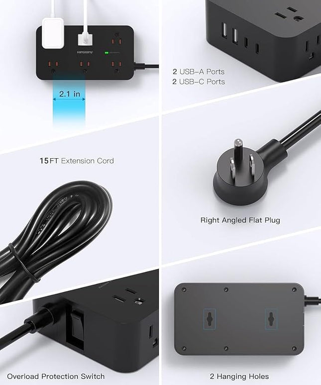 Black Extension Cord 15 Ft, HANYCONY Power Strip with 1080J Surge Protection, 12 Outlets with 4 USB Ports(2 USB C), Wall Mount, Desk Charging Station for Office Home College Dorm Room Essentials