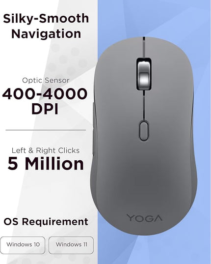 Lenovo Yoga Bluetooth Silent Mouse, 3 Level DPI Adjustment, 36 Month Battery Life, Bluetooth 5.3, 3 Device Paring, Whisper Quiet, Programmable Buttons, Smooth Finish, Luna Grey