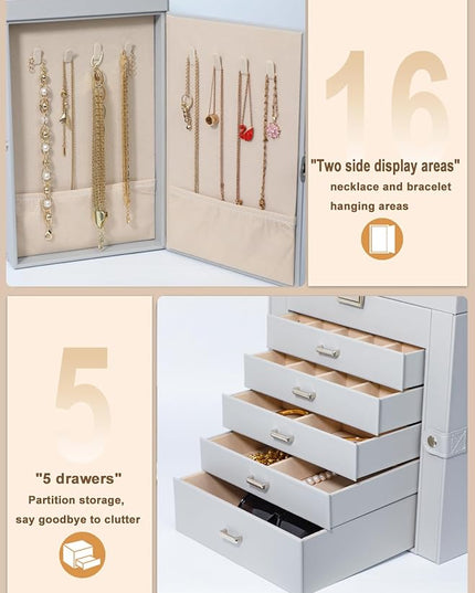 BOOVO Jewelry Box For women, 6 Layer Large Jewelry Organizer With Mirror, Multi-Function Storage Box With Lock, Necklace Holder With 5 Drawers, For Earrings Necklace Bracelet (Silver and Grey)