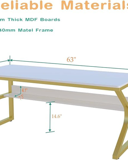Extra Long Desk with Bookshelf - 63" Double Long Writing Table for 2-Person Workstation, Modern Study Work Computer Desk for Home and Office, Gold