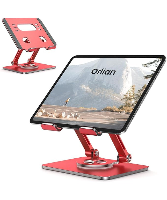 Tablet Stand Holder with Thickened 360°Rotating Base Dual Rod Adjustable Aluminum Stand for All 5.8-12.9” iPad Samsung Phone Tablet Kindle E-Reader and More, Red
