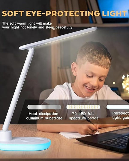 IHAO Luxury Multifunctional LED Desk Lamp10W Qi Wireless Charger Digital Alarm Clock Ambient Light & Temperature Display Adjustable Eye-Care Table Lamp with Leather Texture Design Table Lamp-U20 White
