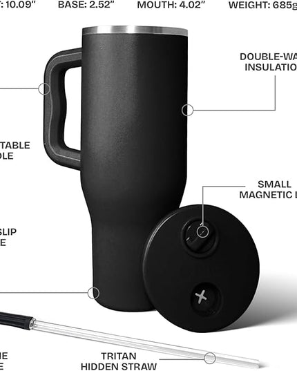 34HD 40 oz Stainless Steel Tumbler - Leakproof Insulated Water Bottle with Handle, Magnetic Lid and Flexible Straw - Iced for 48 Hours – Perfect for Men, Women, Birthday Gift, Black - Midnight Onyx