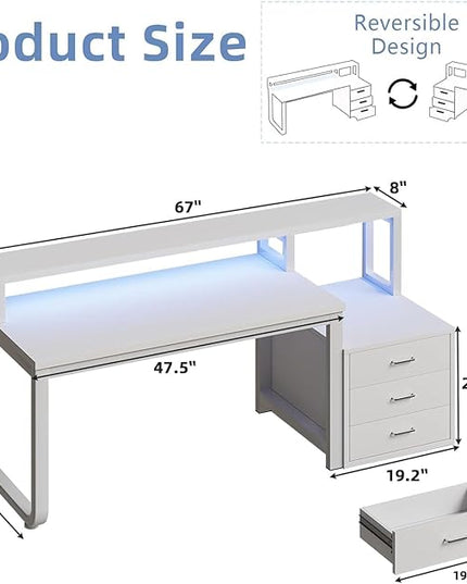 White Desk with 3 Drawers, 67 Inch Office Desk with Long Monitor Stand & Printer Shelf, Reversible Computer Desk with LED Lights for Bedroom