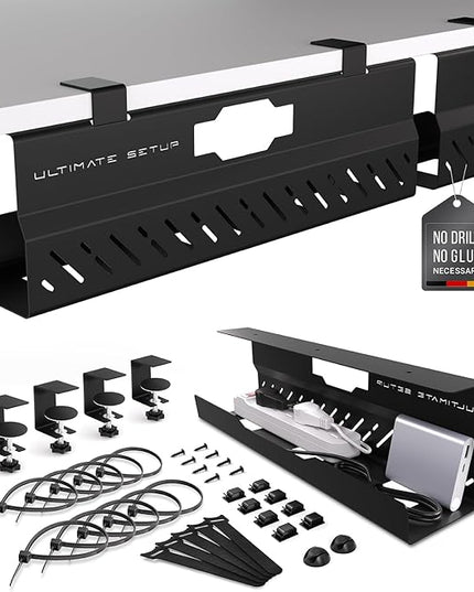 Under Desk Cable Management Tray no Drill – Wire Management - Cord Organizer – Huge Load Capacity – Under Desk Cable Tray no Drill (Black, 2 Pieces Set)