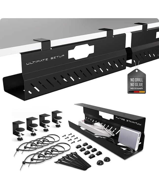 Under Desk Cable Management Tray no Drill – Wire Management - Cord Organizer – Huge Load Capacity – Under Desk Cable Tray no Drill (Black, 2 Pieces Set)