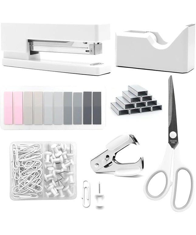White Office Supplies, UPIHO White Desk Accessories, Stapler and Tape Dispenser Set for Women with Stapler,Tape Dispenser, Staple Remover, Staples,Scissor and Tabs for Students Office Clerks