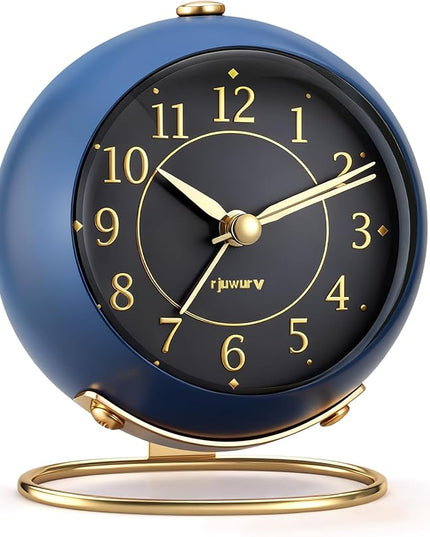 rjuwurv Metal Desk Alarm Clock, Retro Bedroom Table Vintage Analog Silent Non-Ticking Gold Alarm Clock, Bedside Decor(Navy Blue)