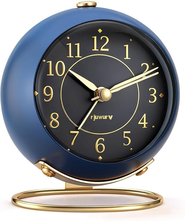 rjuwurv Metal Desk Alarm Clock, Retro Bedroom Table Vintage Analog Silent Non-Ticking Gold Alarm Clock, Bedside Decor(Navy Blue)