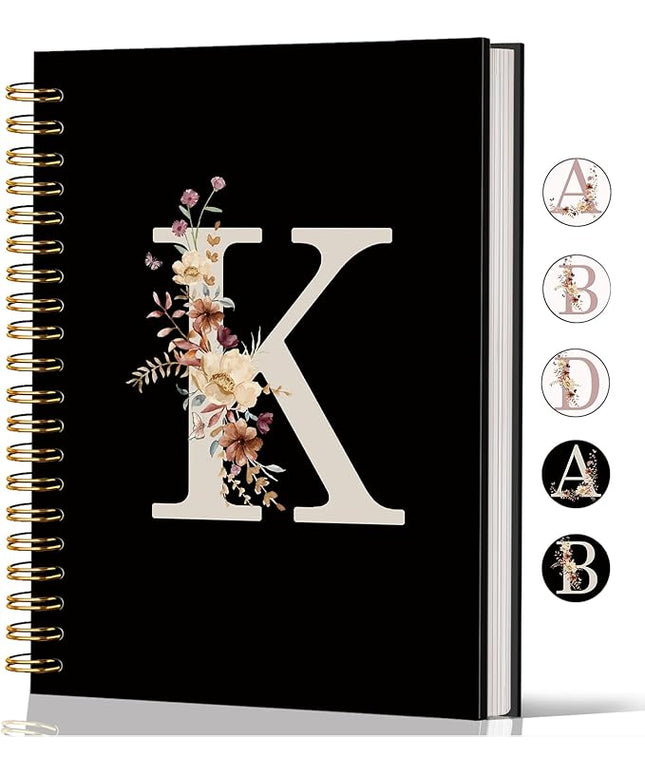 Lacama Cute Initial Letter K School Notebook Journal, Aesthetic Wildflower Personalized Black Spiral Notebook, School Supplies, Customized Monogrammed Gifts, Birthday Gifts for Women, Office Supplies
