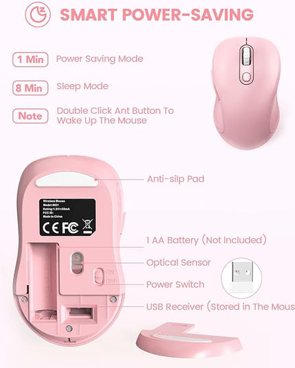 WisFox 2.4G Wireless Mouse for Laptop, Ergonomic Computer Mouse with USB Receiver and Type-C Adapter, 3 Adjustable Levels DPI, 6 Button Cordless Wireless Mice (Blush Pink)