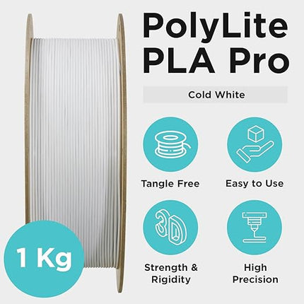 Polymaker PLA PRO Filament 1.75mm 1kg, Tough & High Rigidity Cold White 3D Printing Filament, PolyLite PLA PRO 3D Printer Filament 1.75mm, Print with Most 3D Printers