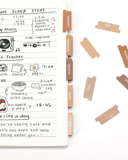 Lumintutu Laminated Planner Monthly Stickers,40 Adhesive Plan Tabs for Notebooks (2 Sets 12 Month Tabs and 16 Blank Tabs), Calendar Monthly Divider Set (Cappuccino)