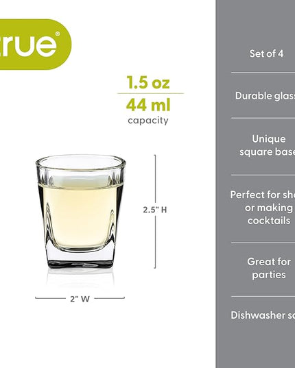 True Square Shot Glasses, Reusable Shot glasses, Perfect For Whiskey, Vodka, And Tequila, Party Shot Cups, Set Of 4, 1.5 oz.