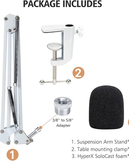 For HyperX SoloCast White Boom Arm - White Mic Arm Compatible with Hyper x SoloCast, Microphone Boom Arm with Pop Filter, Improve Sound Quality, White Mic Boom Arm for Hyperx SoloCast by SUNMON