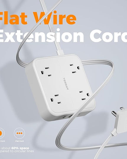 Surge Protector Flat Extension Cord 10FT, TESSAN Flat Plug Power Strip with 4 Outlets 3 USB Ports (1 USB C), 900 Joules Protection, Multiple Wall Outlet Extender Suitable for Home Office Dorm, White