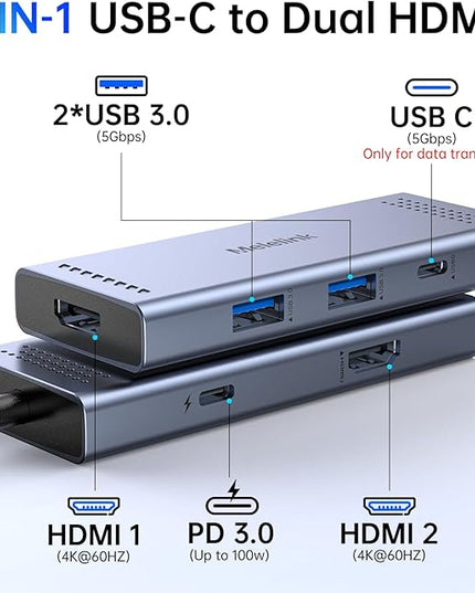 Docking Station to Dual HDMI Monitor, USB C to Dual HDMI Adapter, USB-C HUB with 2xHDMI Ports 4K 60Hz, 100W PD Charging, USB-A&C 3.0, Laptop Docking Station Compatible with Dell, HP, Lenovo, and More