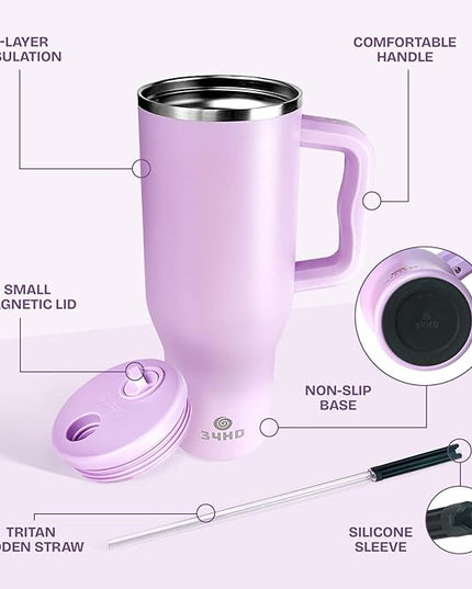 34HD 40 oz Stainless Steel Tumbler - Leakproof Insulated Water Bottle with Handle, Magnetic Lid and Flexible Straw - Iced for 48 Hours – Perfect for Men, Women, Birthday Gift, Purple - Lilac Bloom