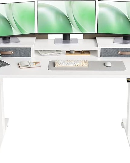 Claiks Standing Desk with Drawers, Adjustable Stand Up Electric Standing Desk Adjustable Height with Storage Shelf and Splice Board, 59 Inch, White