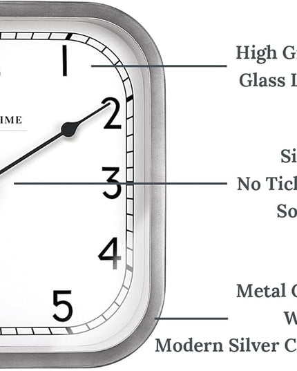 Presentime & Co 10" Anton Vintage Square Clock, Silent No Ticking, Wall & Mantel 2 in 1, Desk and Shelf Clock, Tabletop Décor, Modern Silver Color