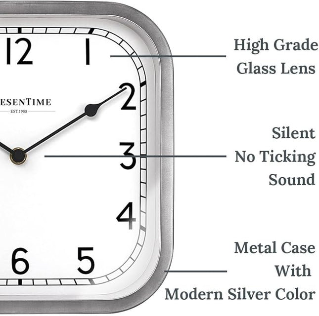Presentime & Co 10" Anton Vintage Square Clock, Silent No Ticking, Wall & Mantel 2 in 1, Desk and Shelf Clock, Tabletop Décor, Modern Silver Color