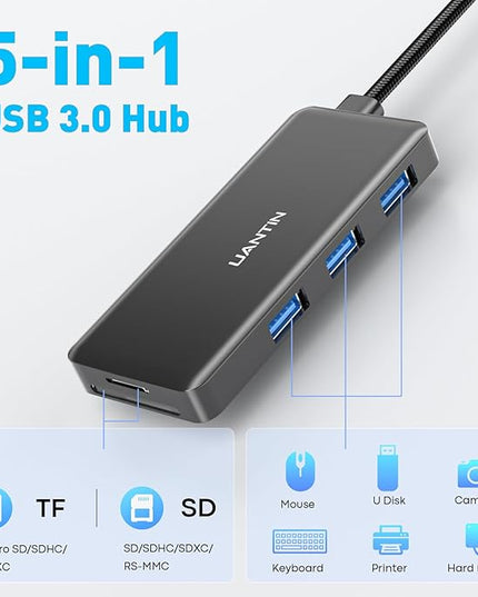USB Hub for Laptop | 5-Port USBA Splitter with 3*USB-A 3.0 and SD/TF Card Reader 2FT Braided Nylon Cable, Multi-Port USB Extender for PC, MacBook, Mac mini, Surface, Desktop