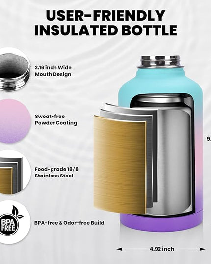 Insulated Water Bottle 64 oz, Triple Wall Vacuum Stainless Steel (Cold for 48 Hrs), Leak Proof & Non-BPA, Half Gallon Water Flask Jug with Paracord Handle & Straw Spout Lids, Hydrangea