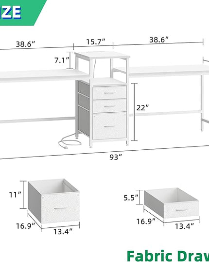 GYIIYUO 93'' Two Person Desk with Charging Station, Long Desk with 3 Drawers and Printer Shelf, Double Computer Desk, 2 Person Writing Study Table Workstation for Home Office, White